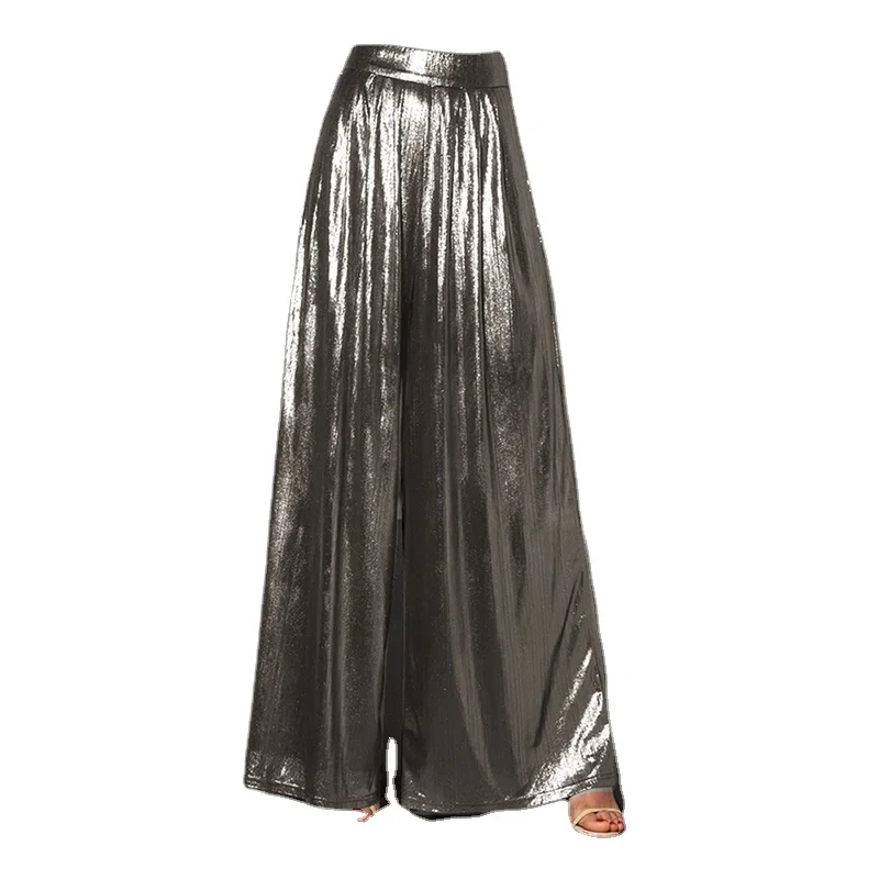 Fashion Summer Ladies Loose Pants Shiny Metallic High Waist Pleated Wide Legs Trousers Glitter Casual High Street Long Pants 7XL