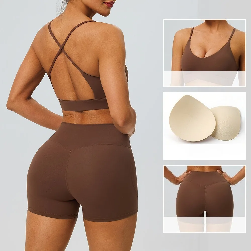 2Pcs Sports Fitness Outfit Thin Strap Yoga Top and High Waist Shorts Elastic Quick Dry Breathable Running Training Suit