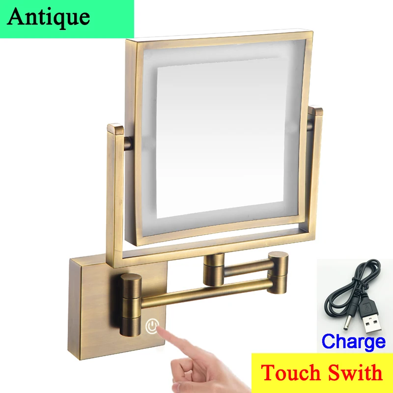 Square Touch Led opvouwbare badkamerspiegel 3x vergrotende badkamer make-upspiegels Accessoires Wandmontage Touch on badspiegels