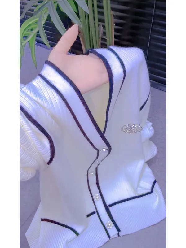 Heavy Embroidery V-Neck Knitted Open Cardigan Women's Fashionable Thin Long Sleeve Casual Style Loose Fit Autumn New Arrival