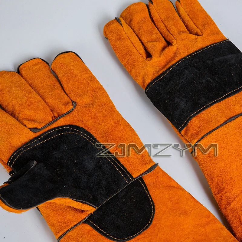 60cm/ 45cm Leather Forge MIG Welding Gloves, Heat/Fire Resistant Stove and Barbecue Gloves, Palm Reinforcements, Orange-Black