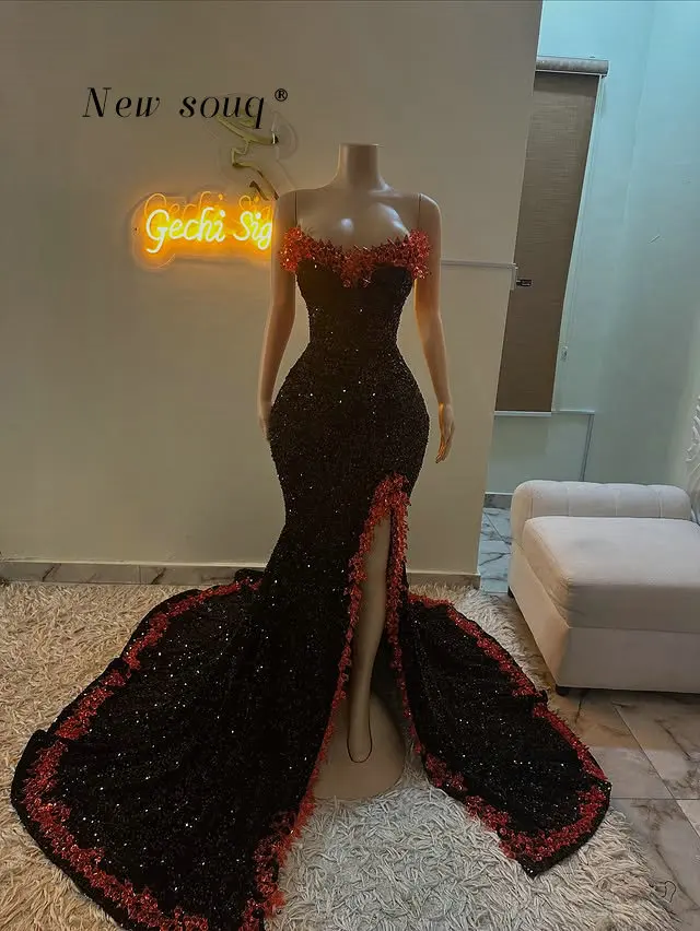 

Sexy Sparkly Black Sequins Prom 2026 Dresses with Side Slit Customized Crystals Beaded Strapless Night Party Gowns Plus Size