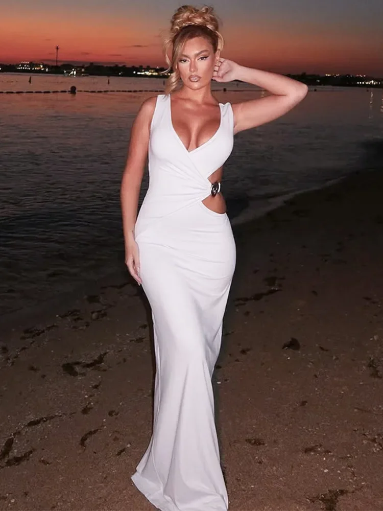 جديد الجوف خارج عارية الذراعين مثير فستان ماكسي المرأة ثوب موضة المعادن زهرة الخامس الرقبة أكمام Bodycon نادي فستان طويل للحفلات #1