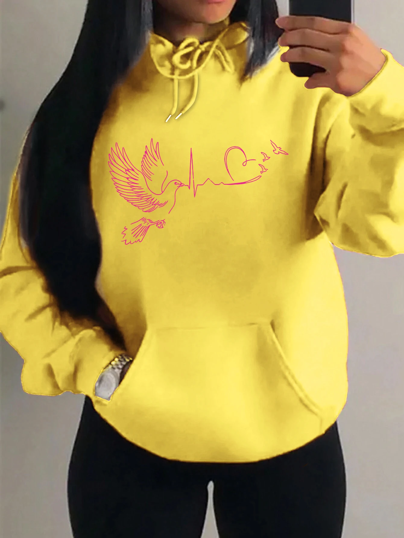 Bird Heart Electrocardiogram Print Streetwear Women Hip Hop Warm Hoodie Autumn Fleece Pullover Comfortable Pocket Female Clothes