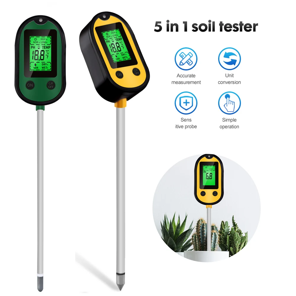 Misuratore di PH del suolo 4/5 in 1 igrometro della luce solare LCD Digital Garden Plant Flowers Temp Monitor Sensor strumento di Test dell\'umidità