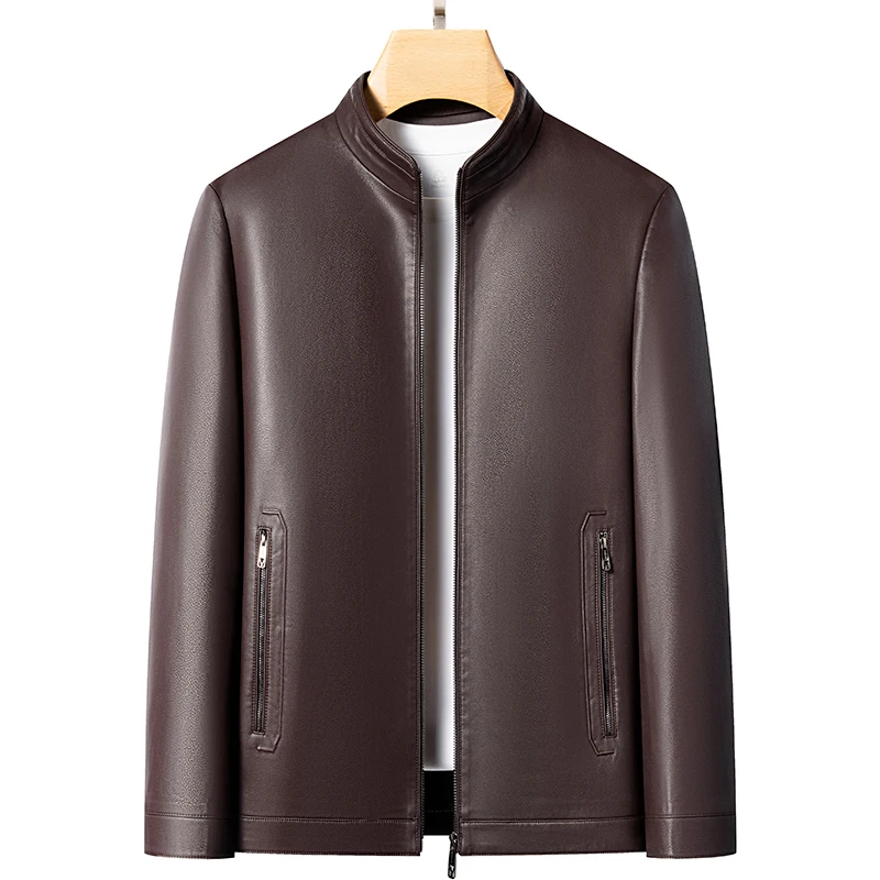 YN-2586 Men's Genuine Leather Jacket With Stand up Collar, Fashionable, Young, Thin, Spring And Autumn Plus Velvet Coat