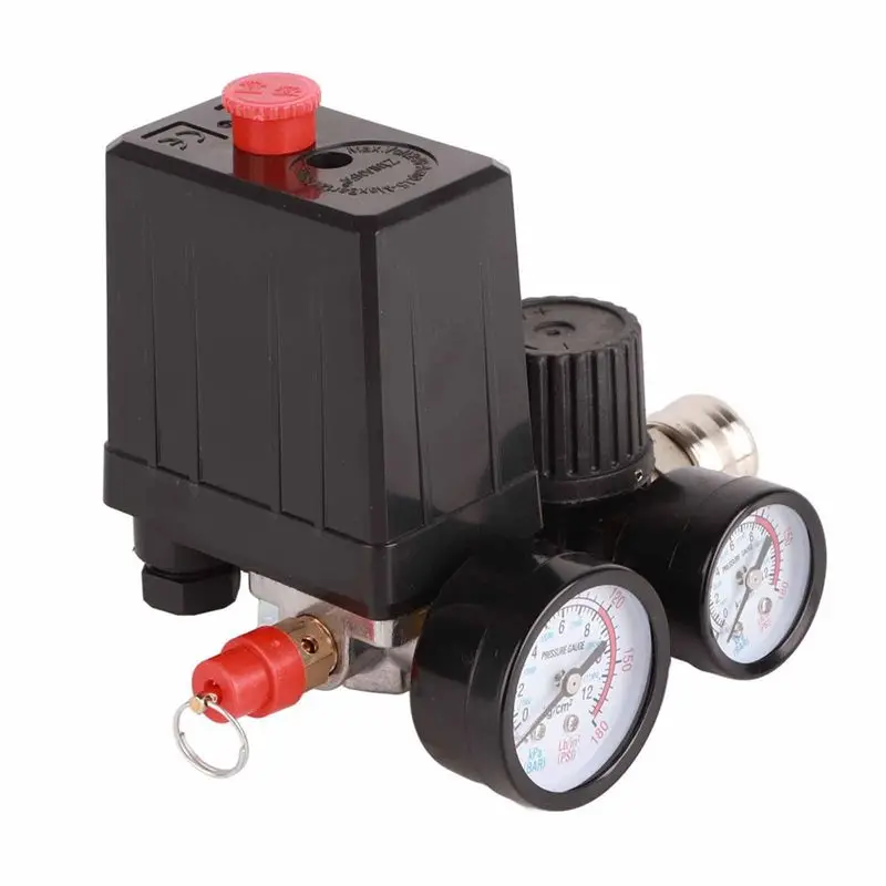 DTA6 Air Compressor Pressure Switch Valve 1/4in 4 Holes, 90-120PSI Air Control Valve Regulator, 220V Dual Connector for Workshop
