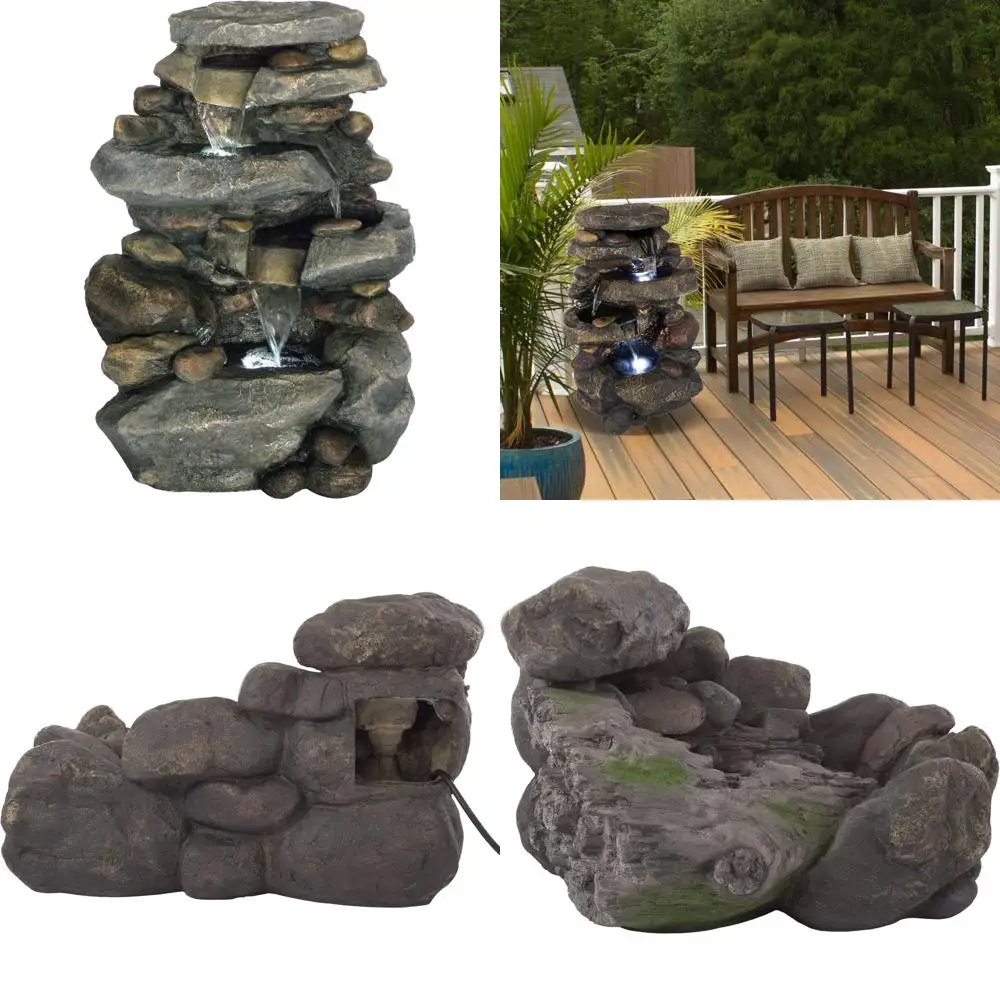 

Уличный фонтан - 3-уровневый скальный уличный фонтан-водопад с подсветкой - 25,5-дюймовый светодиодный фонтан для двора, декор для патио - Outdoor Foun