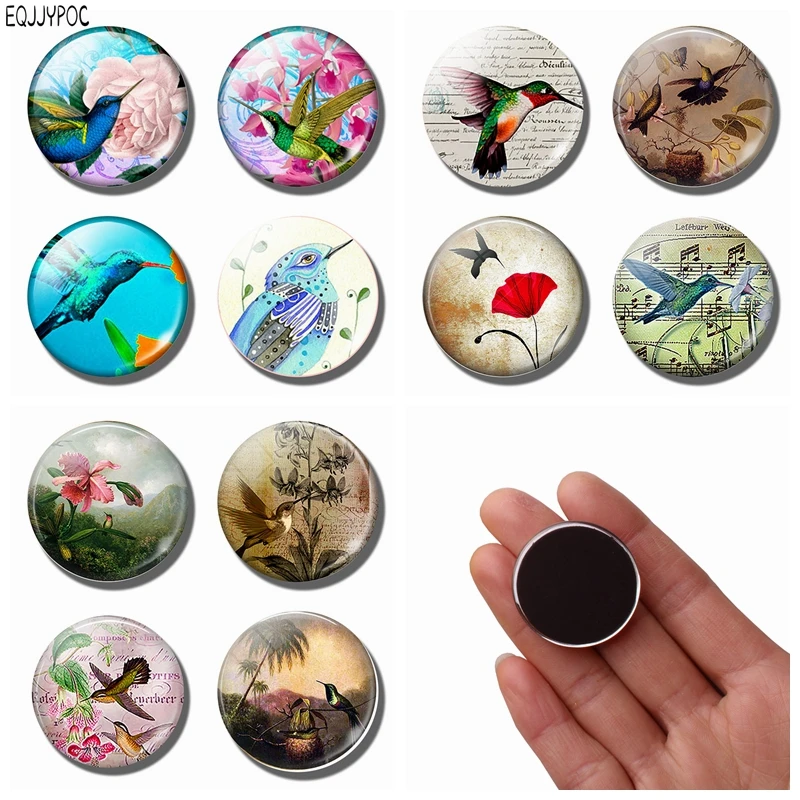 1pc Lovely Humming Bird 30 MM Fridge Magnet Lucky Bird Glass Cabochon Magnetic Refrigerator Stickers Note Holder Home Decoration