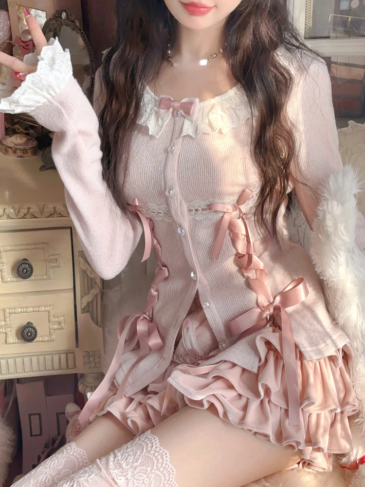 Pink Lolita Kawaii 2 Piece Set Women Korean Elegant Party Mini Skirt Suit Female Knitted Lace Blouse + Elastic Sweet Skirt 2024
