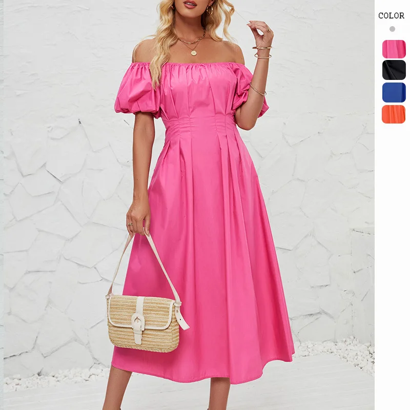 

Off Shoulder Bubble Short Sleeve Pleated Solid Color Sexy Elegant Basic Streetwear Y2K Clothes High Waist Casual Women's Dress
