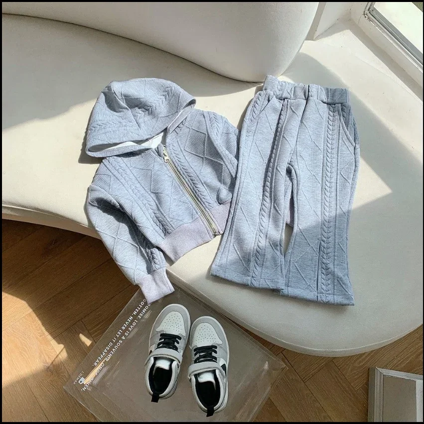 

Girls' Sweater Set Spring and Autumn 2026 New Style Children's Zipper Hooded Coat Bellbottom Pants 2-piece Set 2 4 6 8 10 12Y