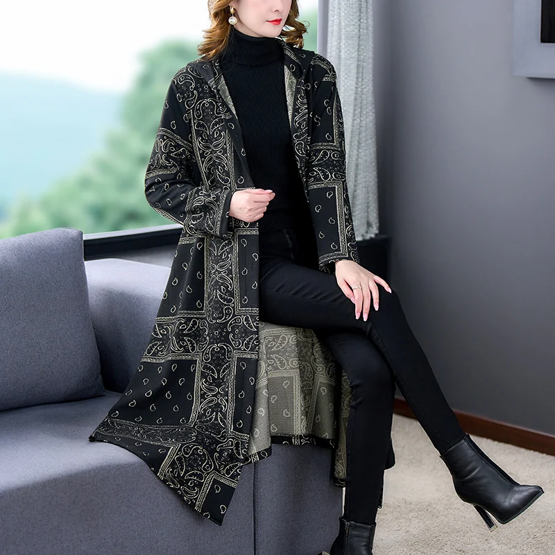 

2023 Autumn/Winter New Vintage Printed Long Sleeve Woolen Hooded Coat Coat Women's Loose Large Slim Knee Length Windbreaker Robe