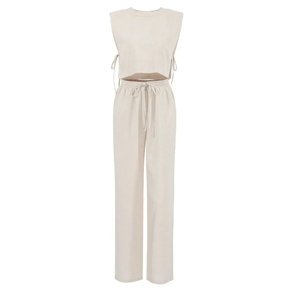 Summer Vacation Two Piece Suit Sleeveless Tank Ramie Cotton Linen Garment Euro America Style Long Pant Cut Women Vacation Wear