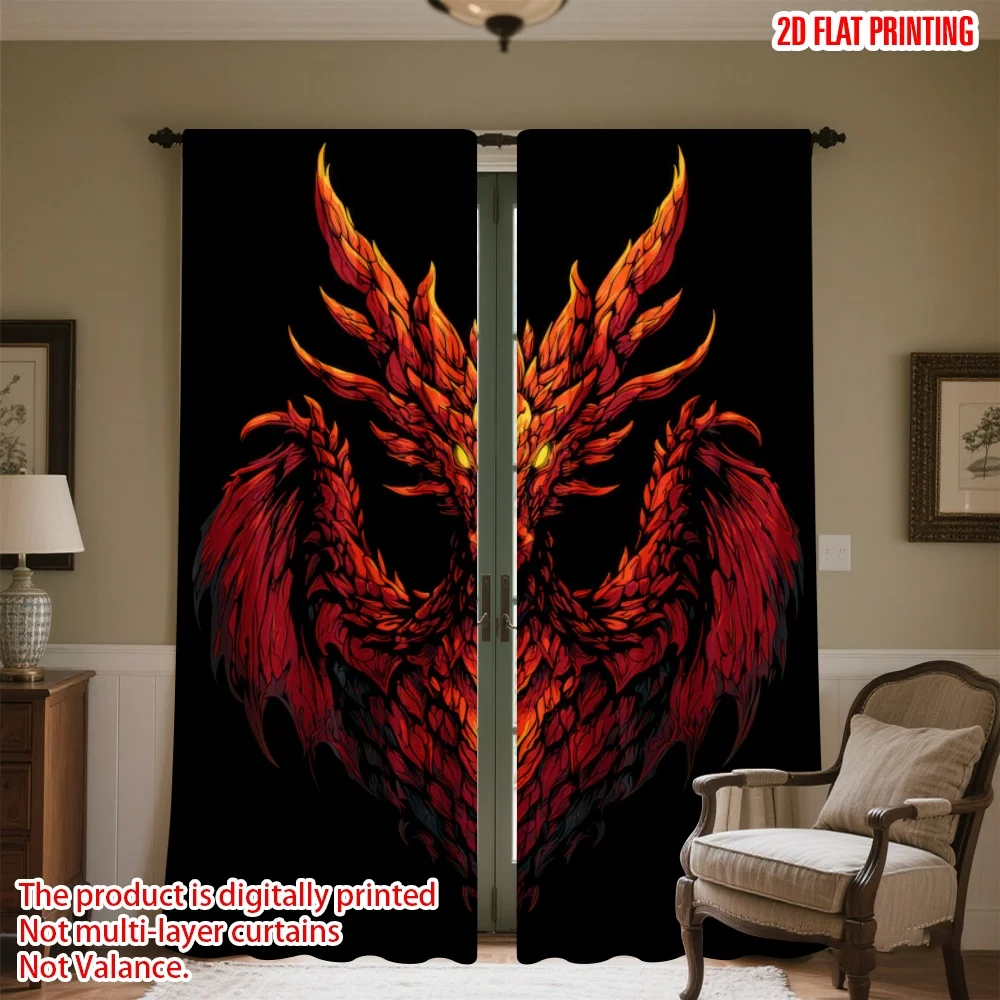 

2D flat printing 2pcs Drapes Fiery Dragon Digital Printed Polyester Drapes Birthday Party for Bedroom Office Living Room Home