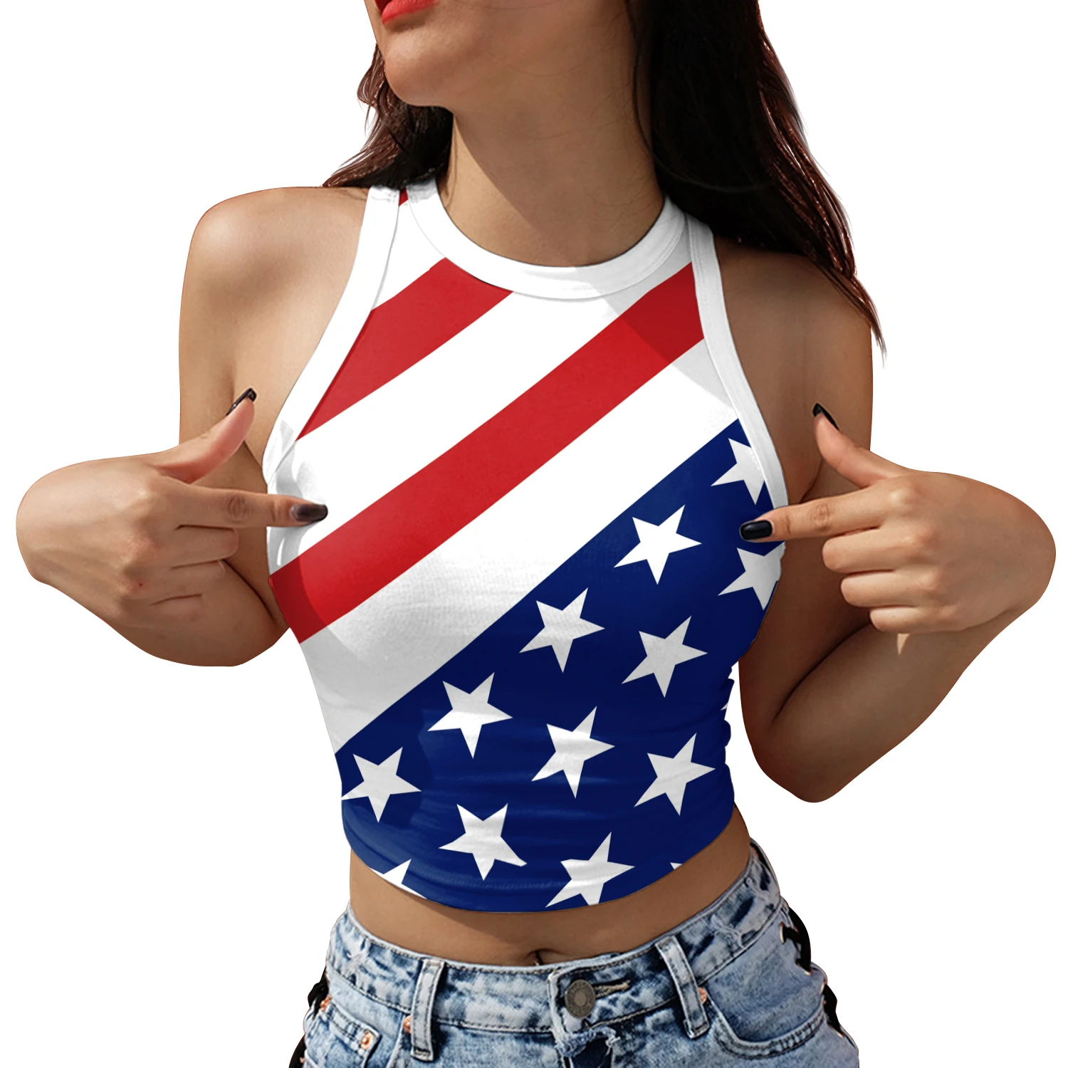 [You\'re My Secret] Women Crop Top Independence Day American Flag Print Streetwear Sleeveless Summer Camisole Harajuku Clothing