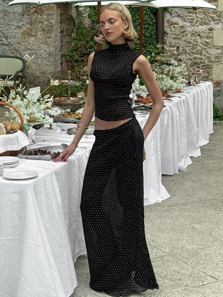 

Women's Summer Polka Dot Tank Tops+Skirts Mesh 2 Pieces Set Holiday Beach Outfit See-through Black Long Dresses Suit Streetwear