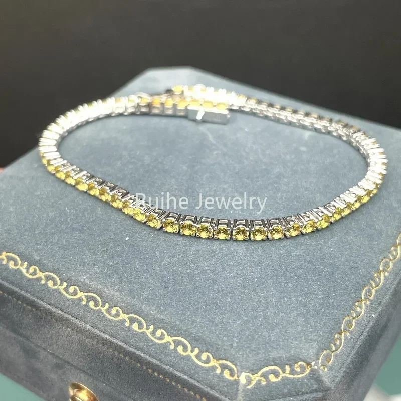 Ruihe New Custom Design 18K White Gold 17cm Bracelet 2.5mm Natural Yellow Sapphire Fashion Jewwelry for Party Couple Gifts