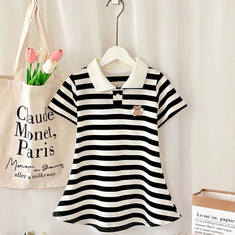 Summer Girls Striped Polo Dress Sweet Preppy Style Short Sleeve A-Line Dress for Kids 3-7Y Bear Casual Sundress