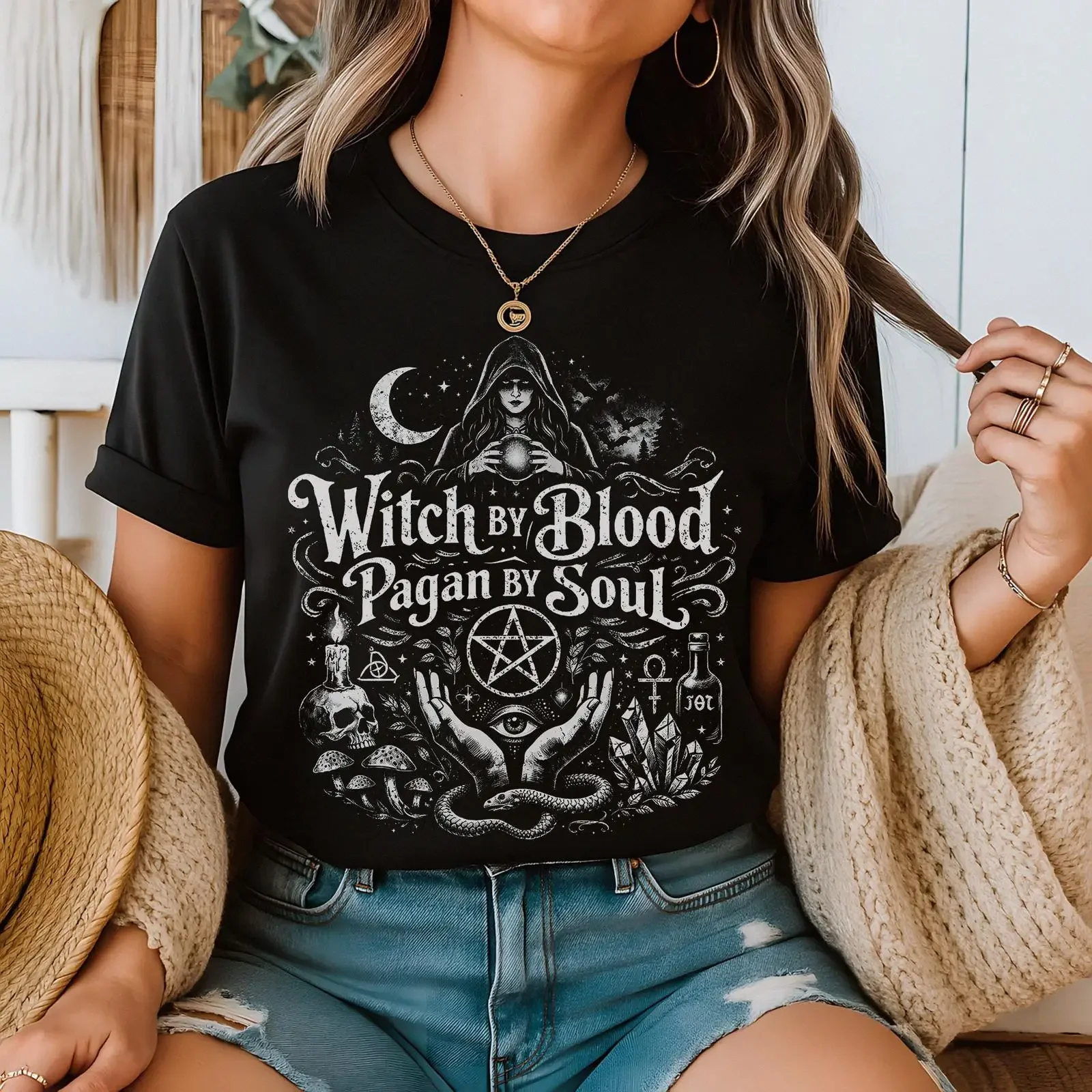 Witchy T Shirt Witchcraft Pagan Wiccan Occult Magic Witch Aesthetic Apparel vintage Washed Top For Everyday Wear streetwear