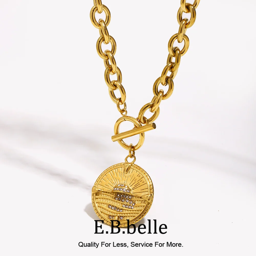 E.B.belle OT Buckle Round Sunrise Pendant Necklace 316L Stainless Steel 18K Gold Plated Exaggerated Jewelry Accessories