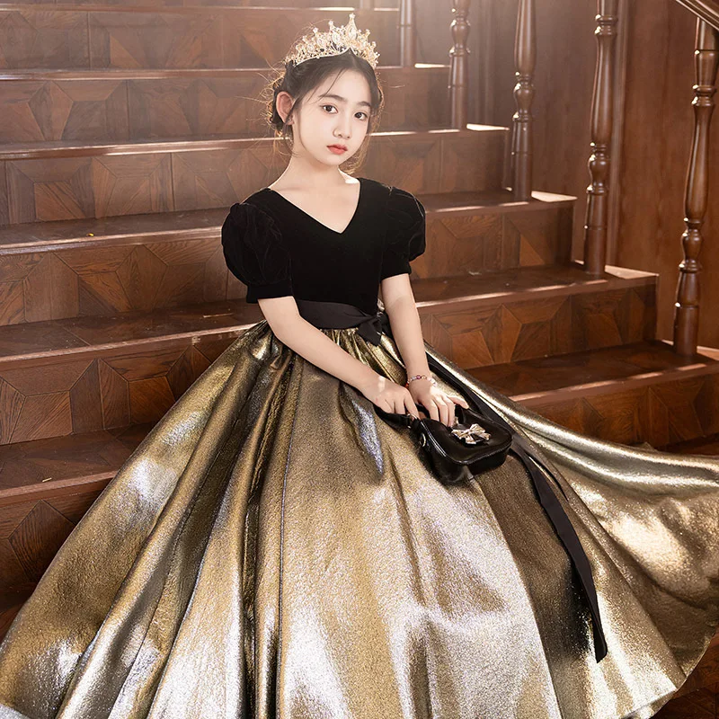 

New Shining Flower Girl Dresses For Wedding Lace Puffy Short Sleeve Kids Birthday Baptism Party Clothes First Communion Gowns