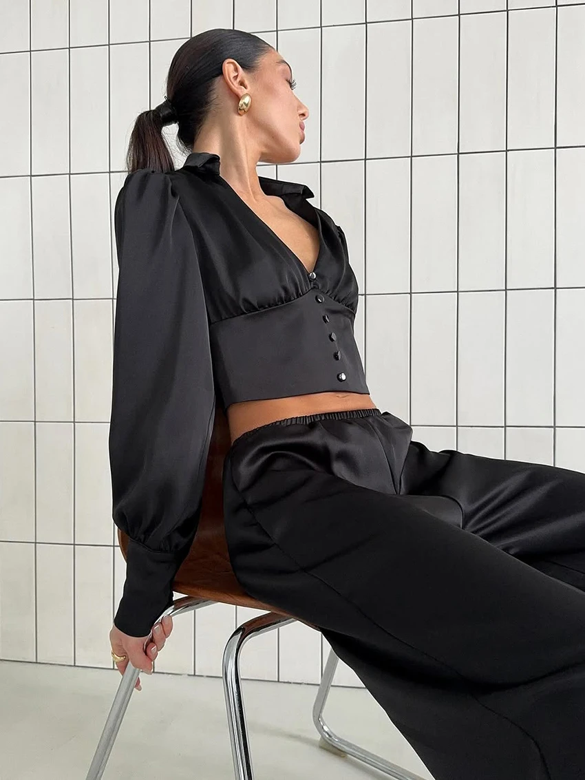 Martahqiqi Fashion Ladies Nightgowns Suit Crop Top Pajamas Long Sleeve Nightie Sexy V-Neck Nightwear Pants Female Sleepwear Set