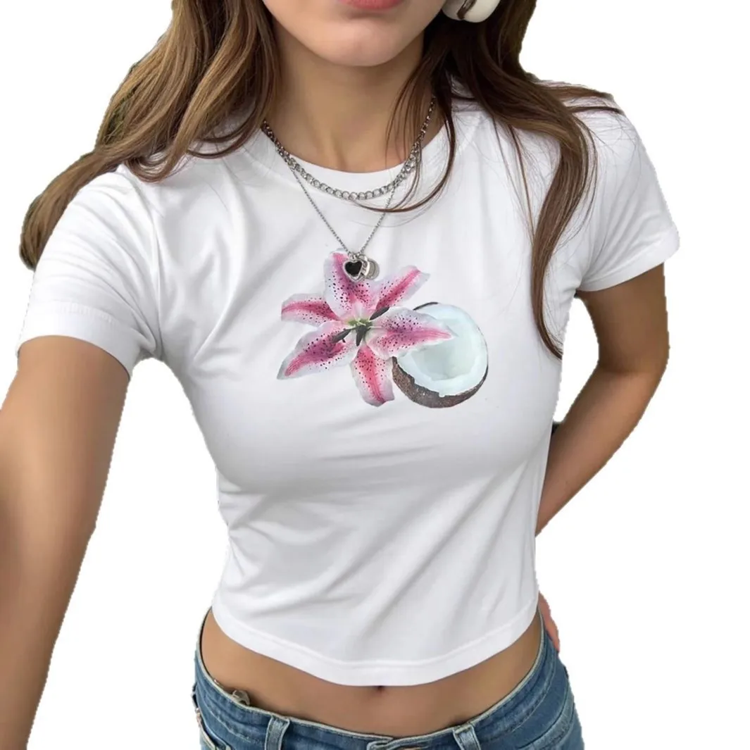 

Faionable Plant Flower Print Slim Fit T-irt Top for Women Street Sle ort Sve round Ne Summer Faion