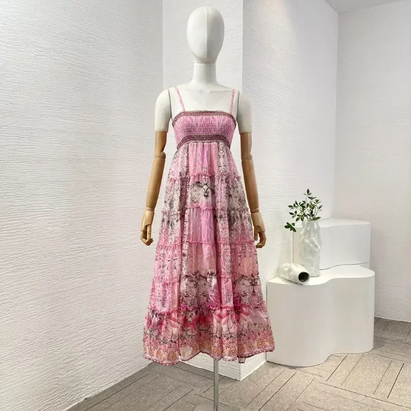 High Quality Silk Pink Floral Print Spaghetti Strap Sleeveless Pleat Elegant Women Midi Dresses for Holiday