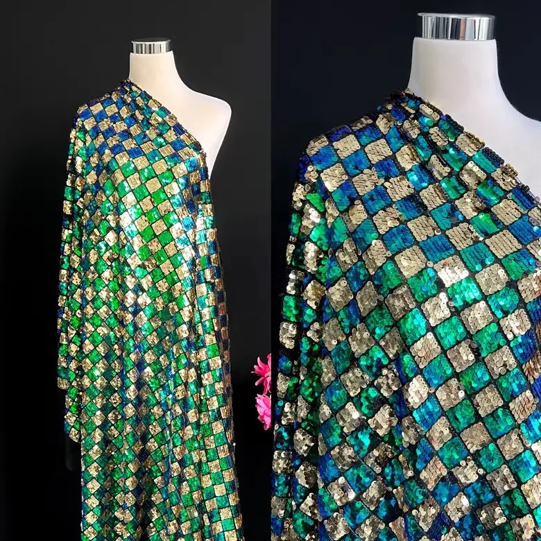 High-end brand shell shape green gold square check sequin fabric performance dress bead fabric