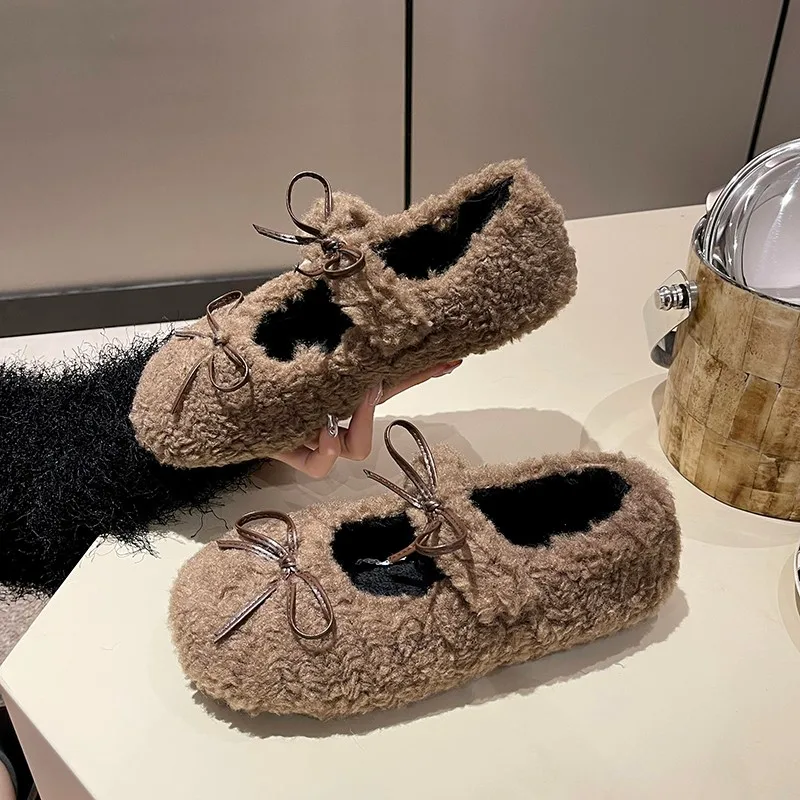 

Elegant Autumn Winter Ballet Loafer Flat Shoes Women Female Flats Loafers Fur Round Toe Ladies Brand Design Teddy Outdoor Shoes