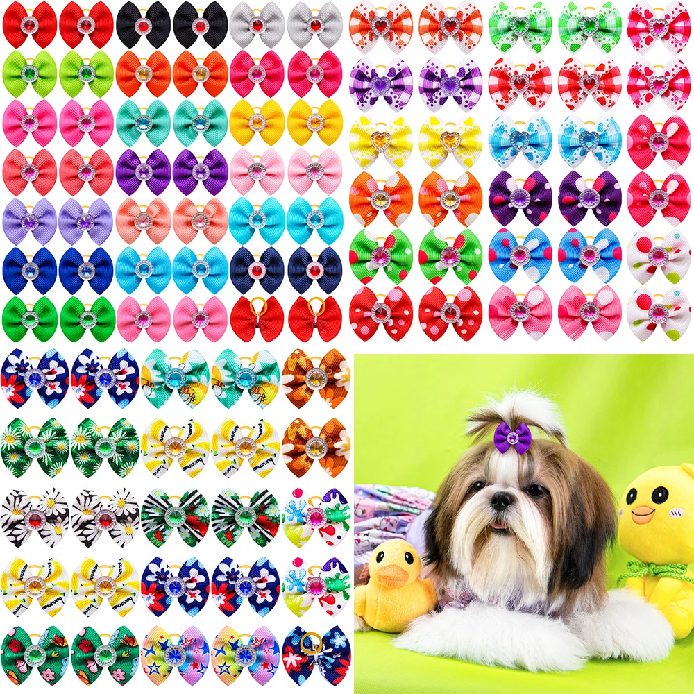 20 piezas-lazos para el pelo de perro, banda de goma colorida con diamantes, accesorios para el cabello de mascotas pequeñas, Verano