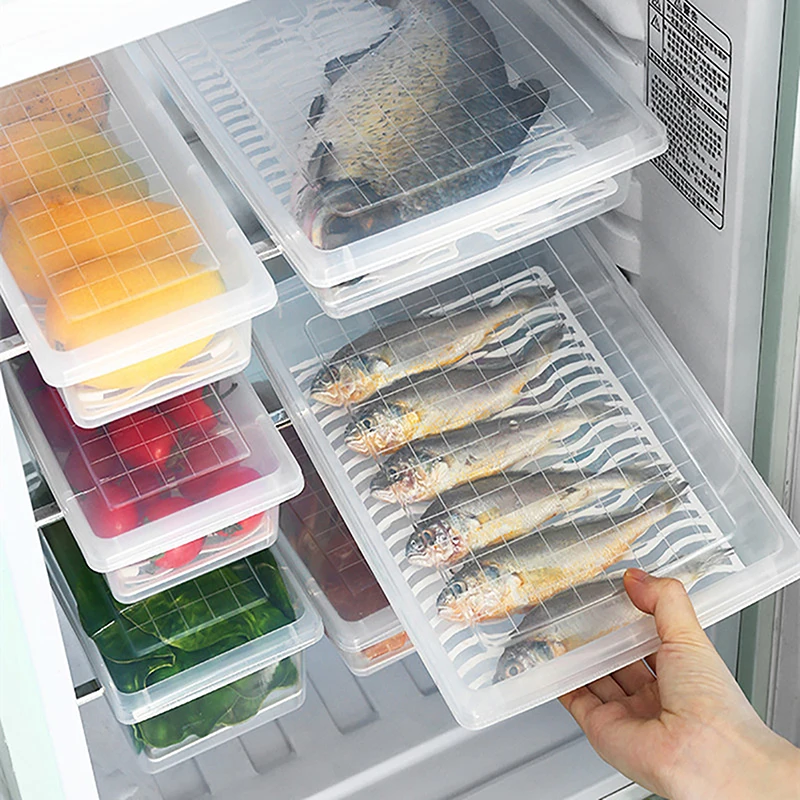 Food Fresh Storage Box Containers Kitchen Fridge Organizer Case Removable Drain Plate Tray For Keep Fruits Vegetables Meat Fish