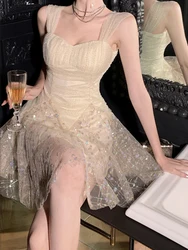 French Style Sexy Fairy Temperament Celebrity Party Dress 2024 Summer New Hanging Strap Sequins Unique Short Dresses