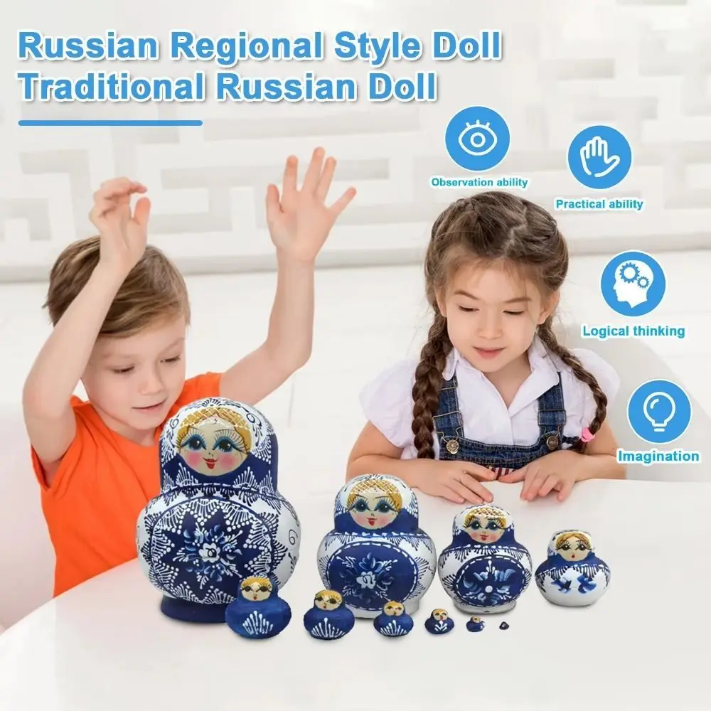

10Pcs/Set Wood Russian Nesting Dolls 10 Layer Handmade Matryoshka Wooden Doll Toys Cartoon Blue Floral Print Stacking Dolls