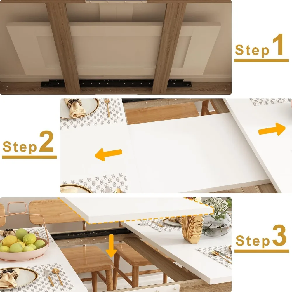 Extendable Dining Table for 6-10 People, Modern Wood Rectangular Expandable Kitchen Dinner Table for Dining Room, White and Wal