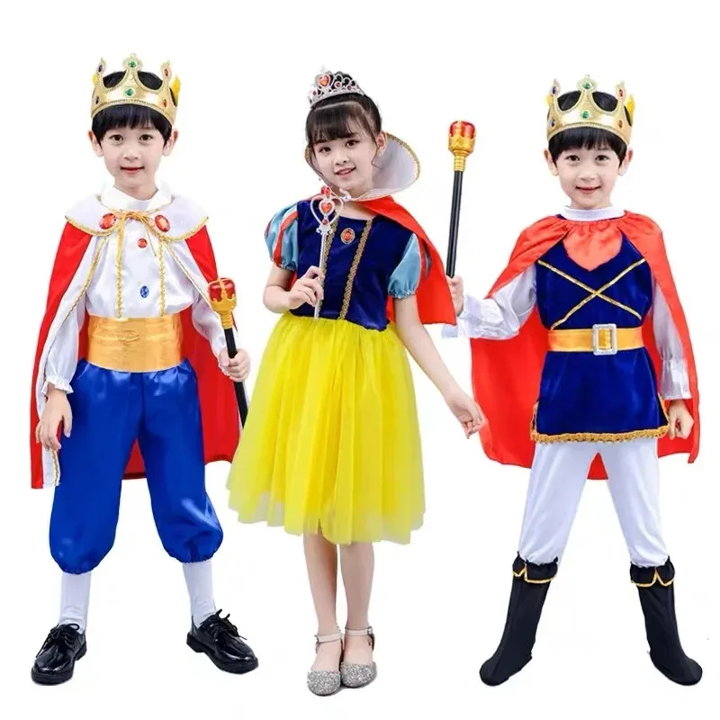 Halloween Kids Princess King Cosplay Costume Boys Royal King Prince Roleplay Outfit Tops with Pants Belt Cape crown Scepter Set