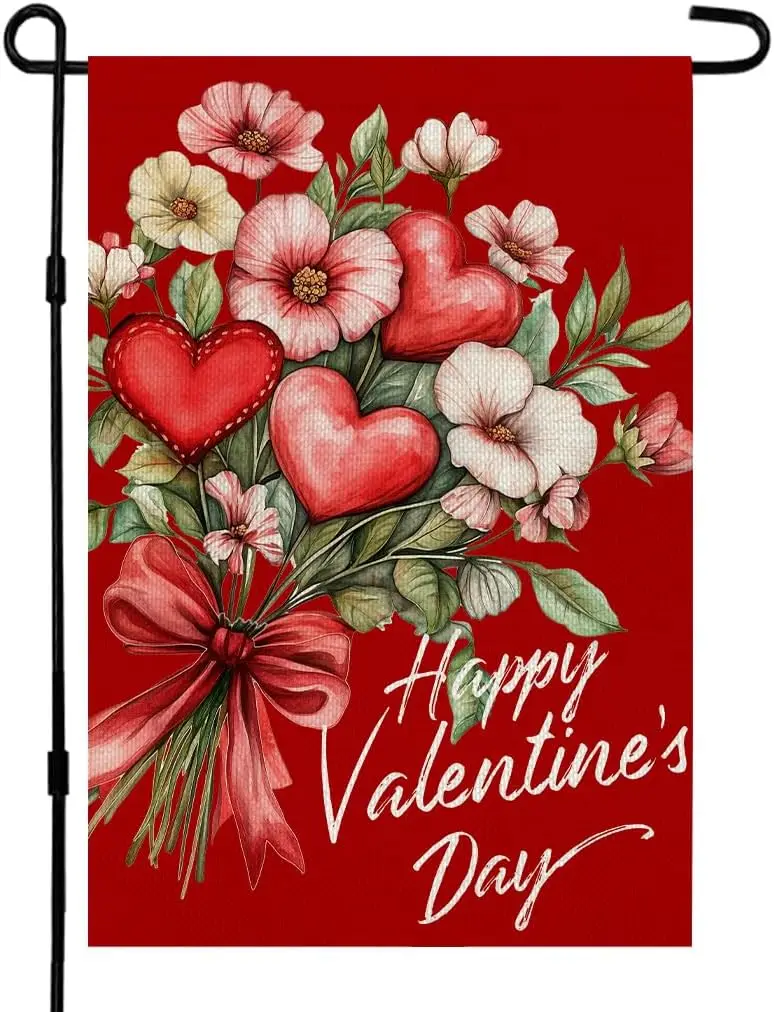 CROWNED BEAUTY Valentines Day Garden Flag Floral Heart 12x18 Inch Double Sided Red Welcome Decoration for Outside Yard CF191 IIC