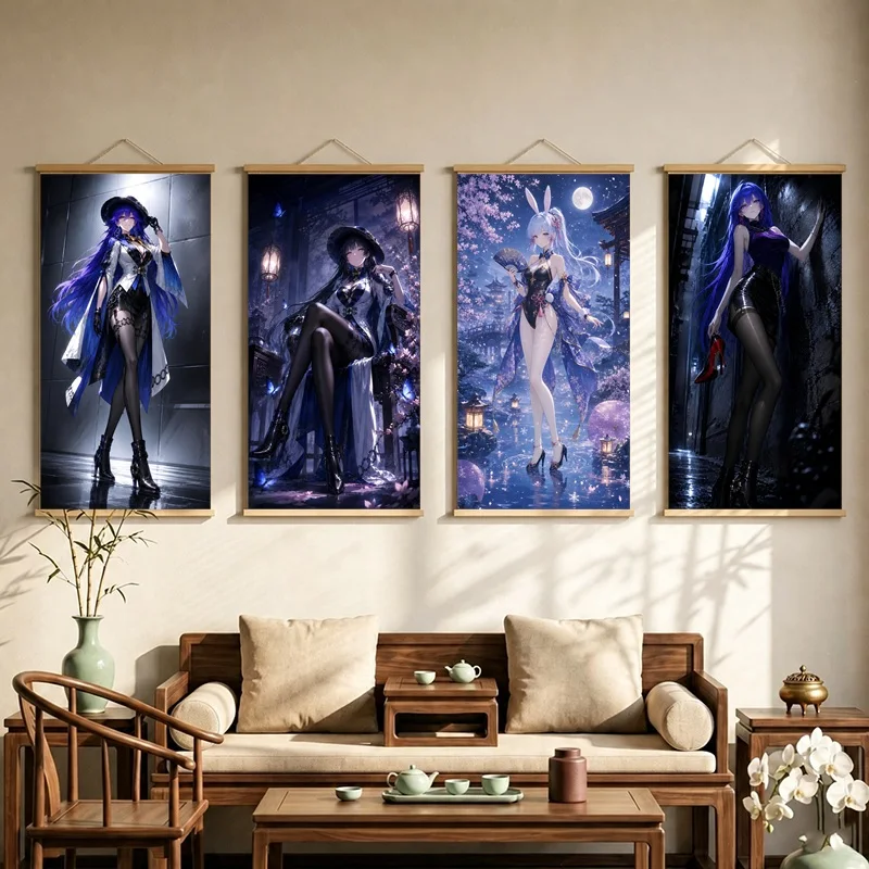 Genshin Impact Hanging Scroll with Anime Figures in Dark Fantasy Outfits and Dramatic Blue and Violet Scenes for Bedroom