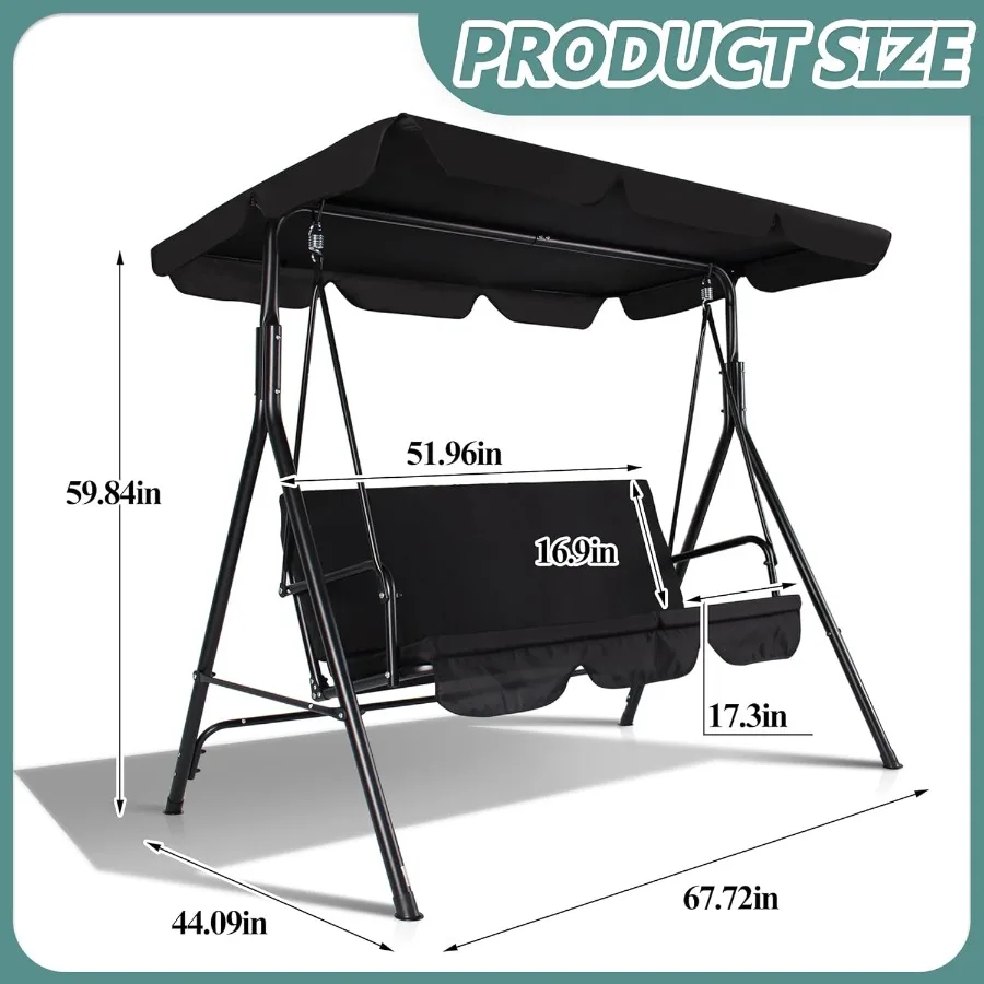 3Seat Porch Swing Chair Outdoor Patio Swing Chair with Adjustable Canopy for Adults Porch Swing with Weather Resistant Steel Fr