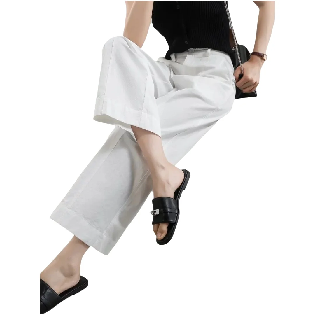 White Summer Casual Slimming Nine-Piece Loose Straight Leg Pants Women's Thin Wide Leg Trousers High Waist Loose Fit