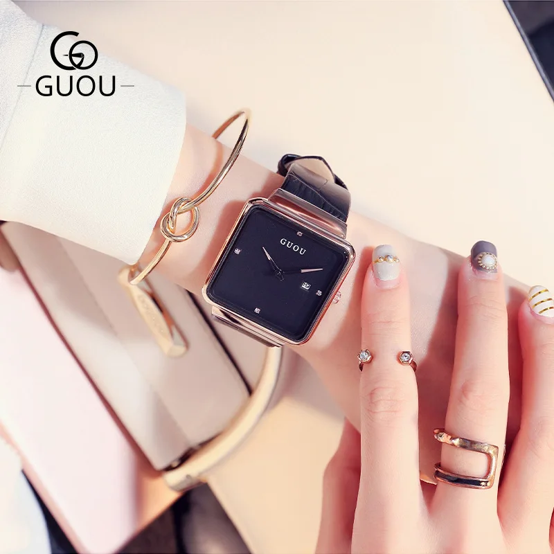 Fashion Guou Top Brand Ultra Thin Ladies Luxury Advanced Gift Square Water Resistant Calendar Genuine Leather Wrsist Watches