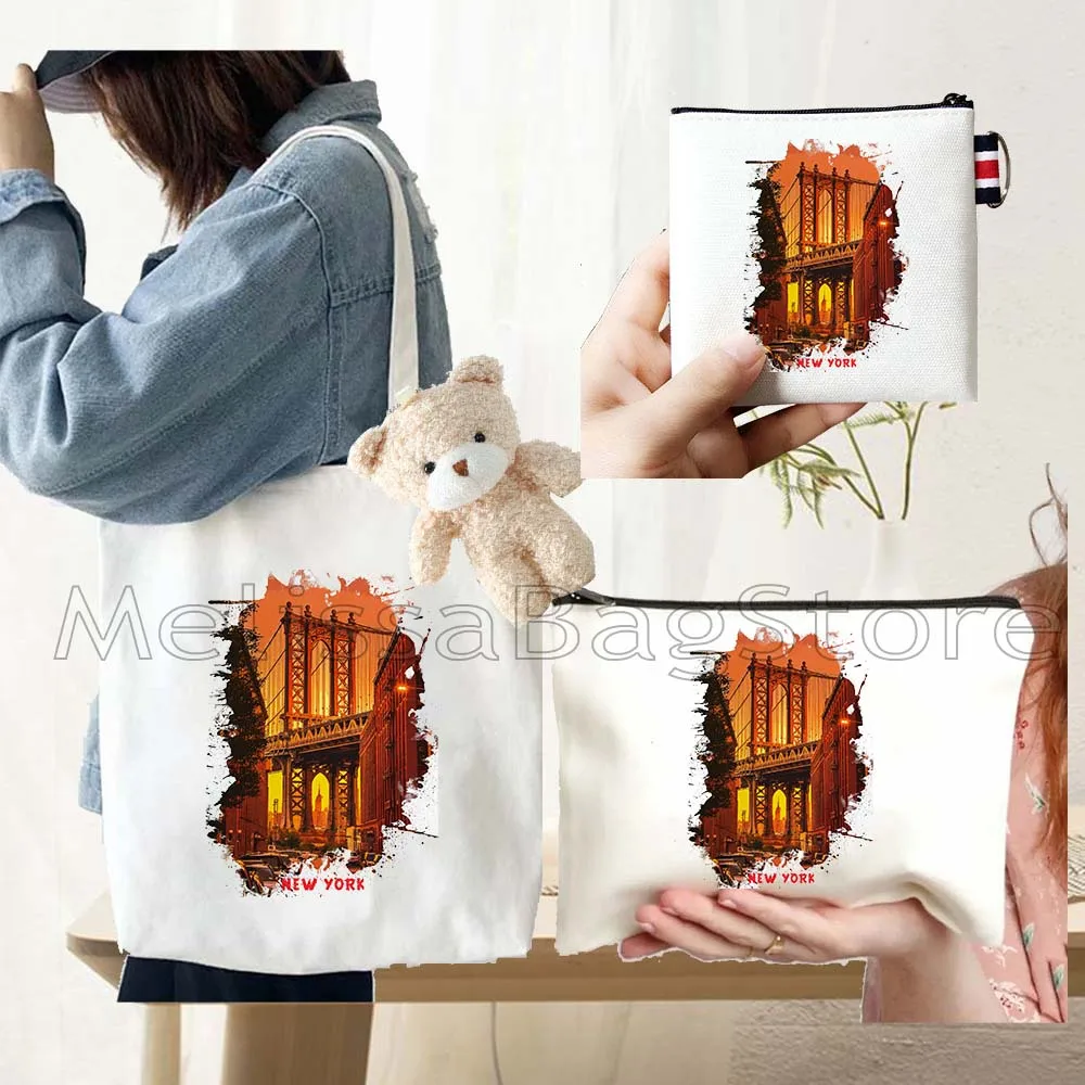 4PCS Gift Set New York City Black Canvas Tote Bag Handbag with Doll Key Coin Purse Cosmetic Makeup Toilet Bag Case Pouch
