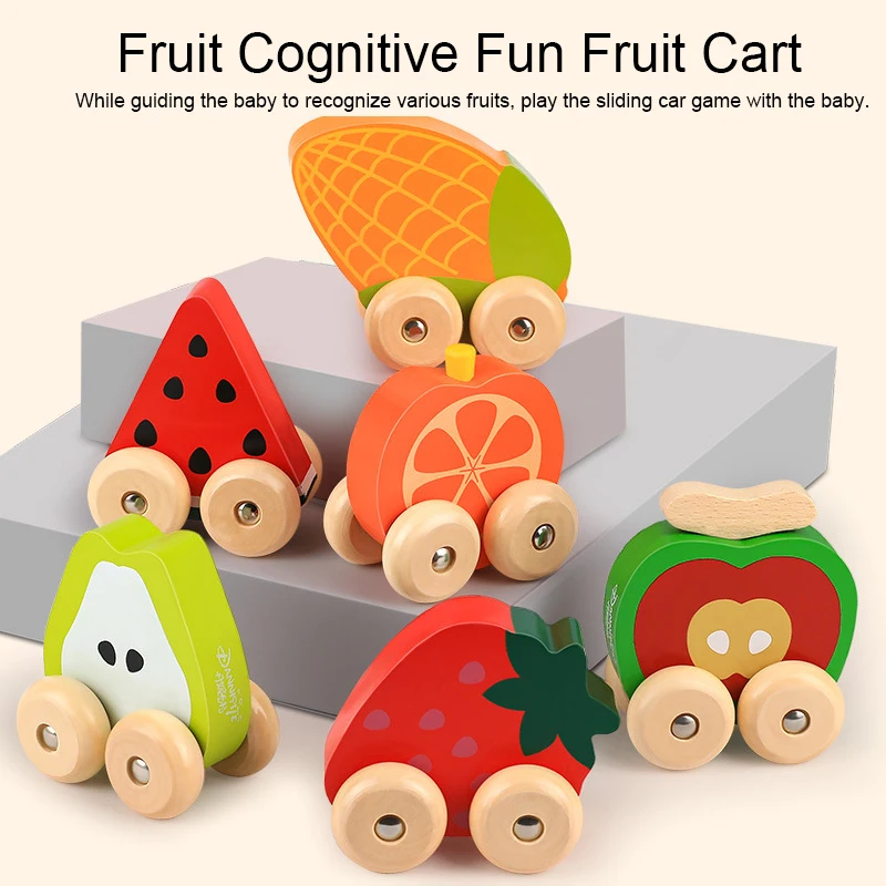 Baby Wooden Toys Cute Cartoon Fruit Sliding Car Pull Back Car Vehicle Kids Mini Traffic Inertia Car Children Gifts