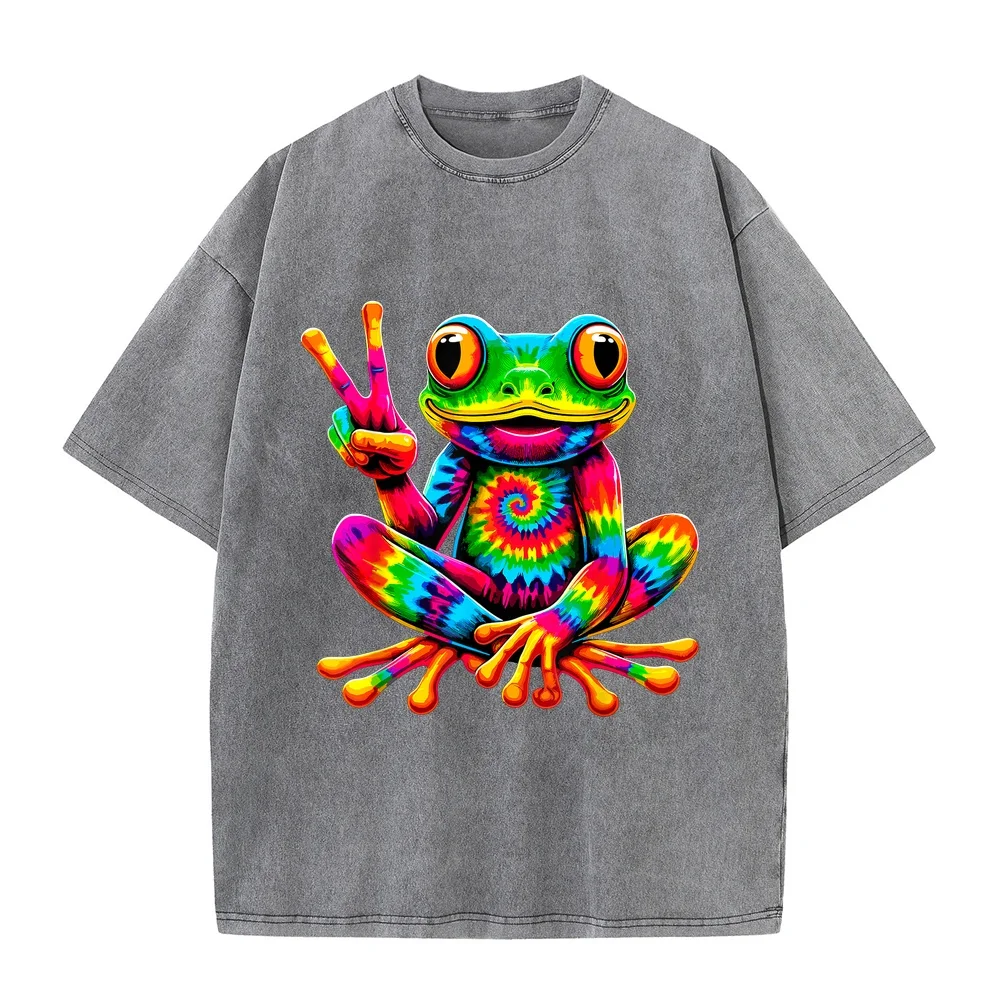 Tie-Dye Frog Peace Sign Hippie T-Shirt Short Sleeve Top Clothing Red Printed T Shirt Unisex Gift Tee Wardrobe Staple Cotton