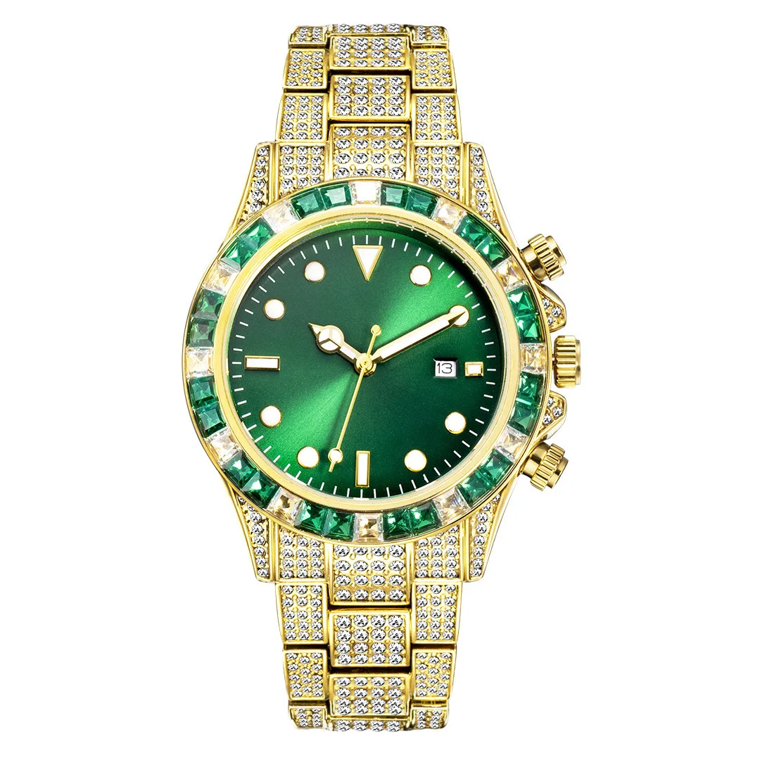 

Luxury Men Quartz Watch Full Diamond Big Dial Green Sunburst Style Luminous Stainless Steel Fashion Wristwatch