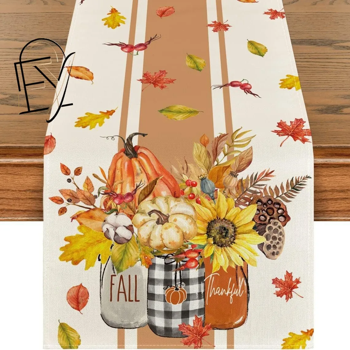 Linen Table Runner Watercolor Pumpkin Dahlia  Butterfly Print Off White Autumn Harvest Decor  Thanksgiving Dinner