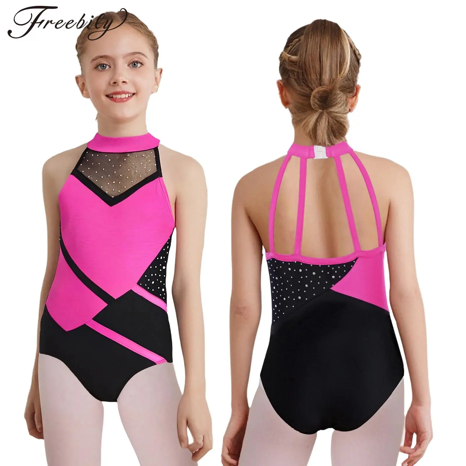 

Детский купальник для фигурного катания для девочек, гимнастики, танцев, балета, акробатики, костюм для выступлений, сетчатое боди без рукавов со стразами