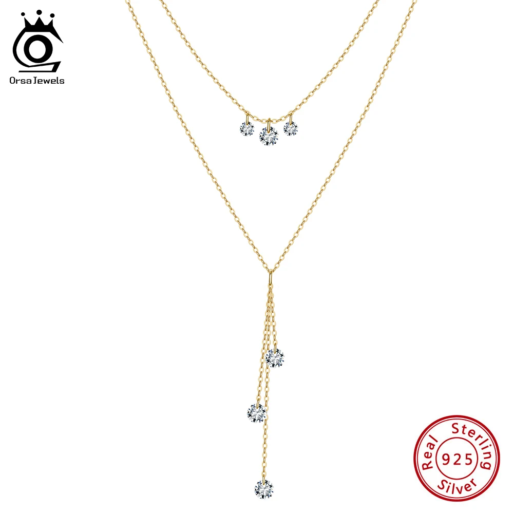 

ORSA JEWELS Real 925 Sterling Silver Layered Necklace Girls Stackable Cubic Zircon Vintage Chain Pendant Choker Necklace BQN20