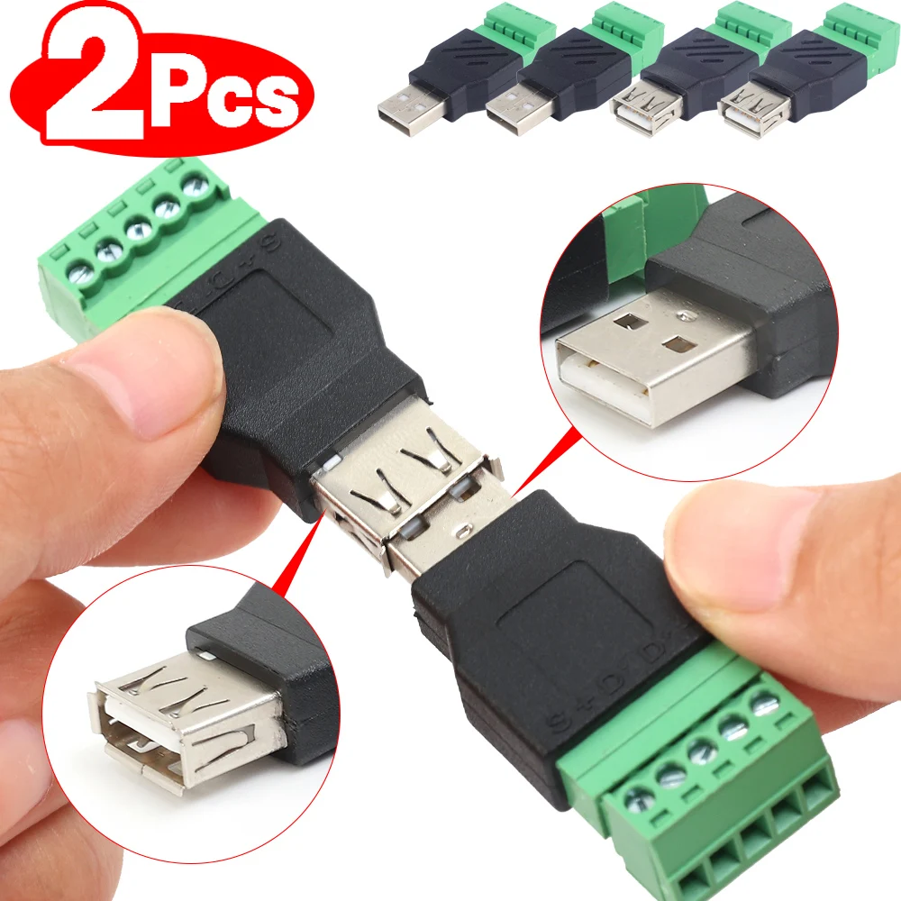 USB 2.0 Type A Male/Female to 5 Pin Screw Connector USB Jack with Shield USB2.0 to Screw Terminal Plug No Welding Required